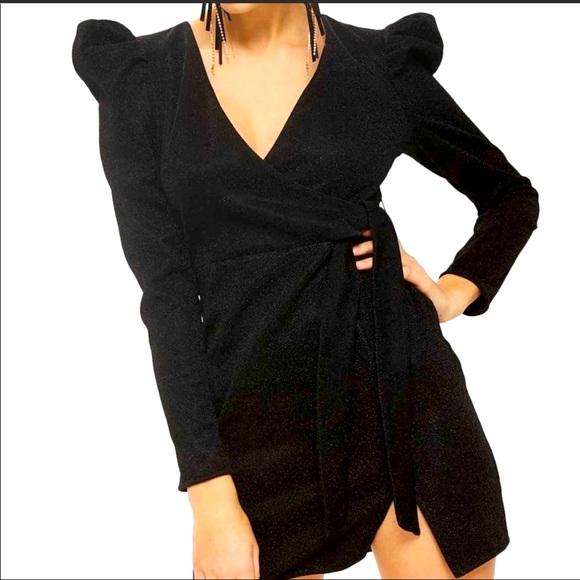 TOPSHOP black sparkly dress belted puff long sleeve Size US 6 - Picture 1 of 8